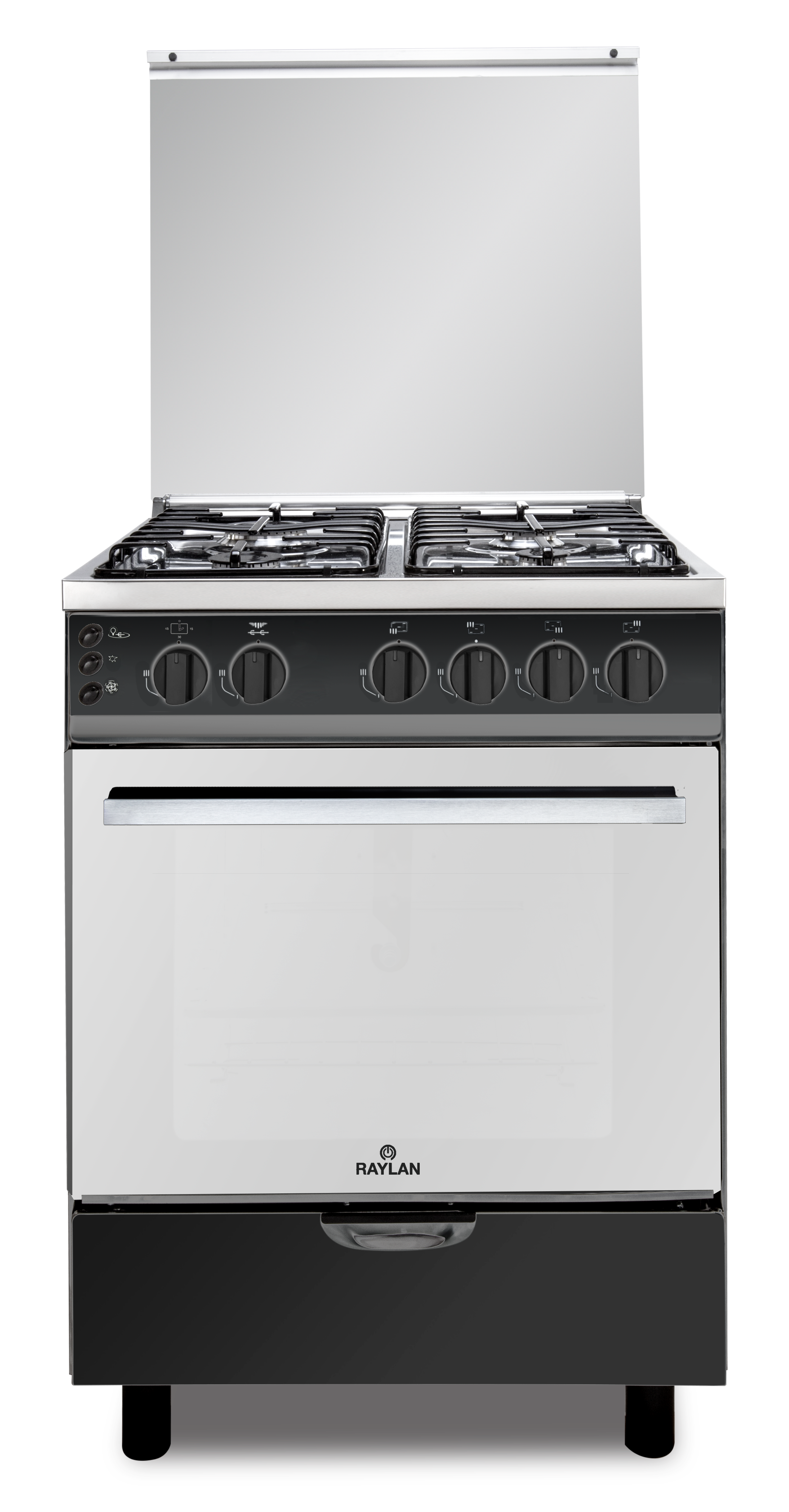 CUISINIERE 4F AVEC LAMPE FOUR GRILLE TOURNEBROCHE VENTILATEUR DU FOUR MINUTERIE AUTO ALLUMAGE CHAUFFE PLAT INOX MATT * SILVER RAYLAN