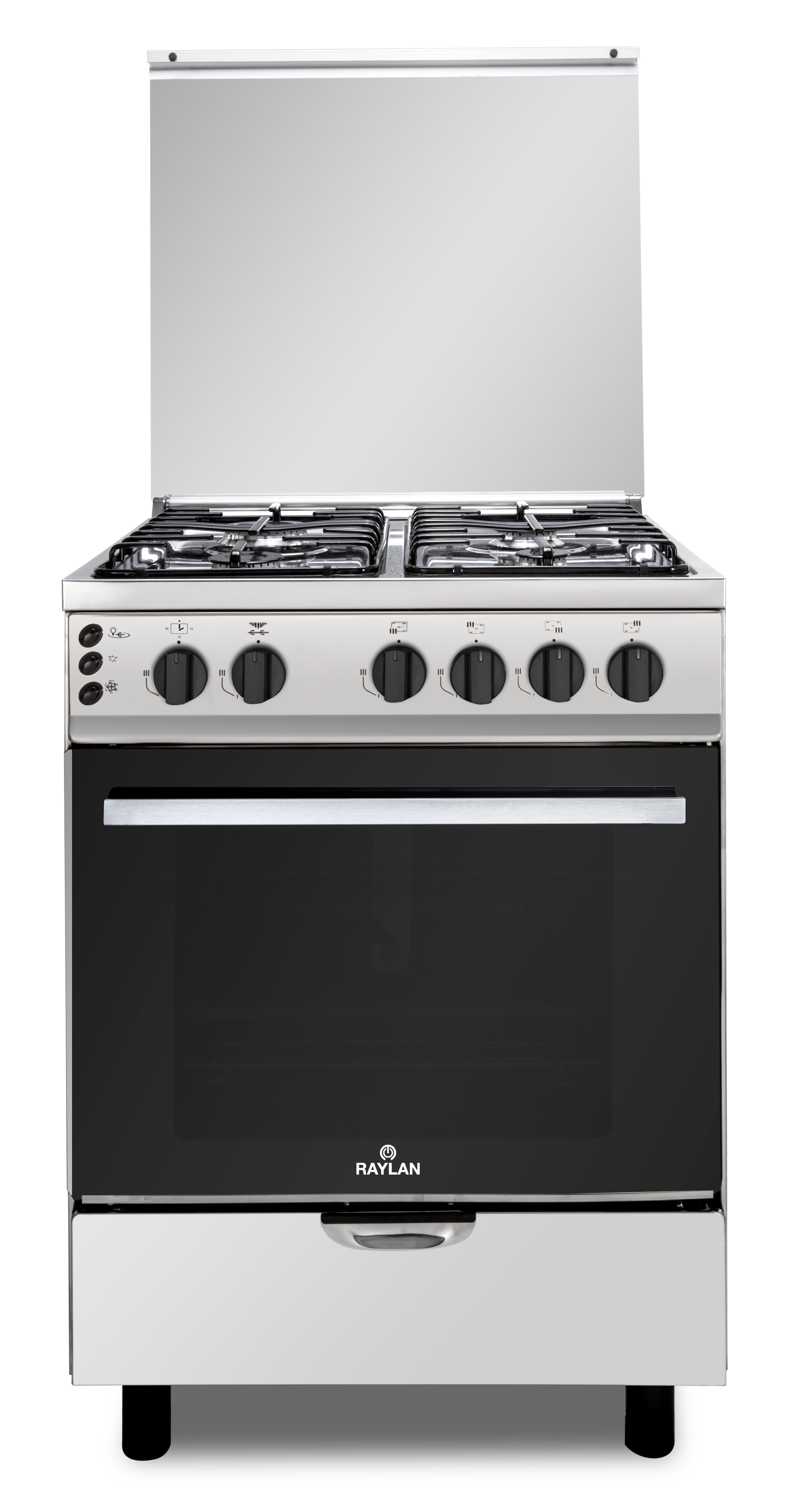 CUISINIERE 4F AVEC LAMPE FOUR GRILLE TOURNEBROCHE VENTILATEUR DU FOUR MINUTERIE AUTO ALLUMAGE CHAUFFE PLAT BLACK MATT * INOX MATT RAYLAN